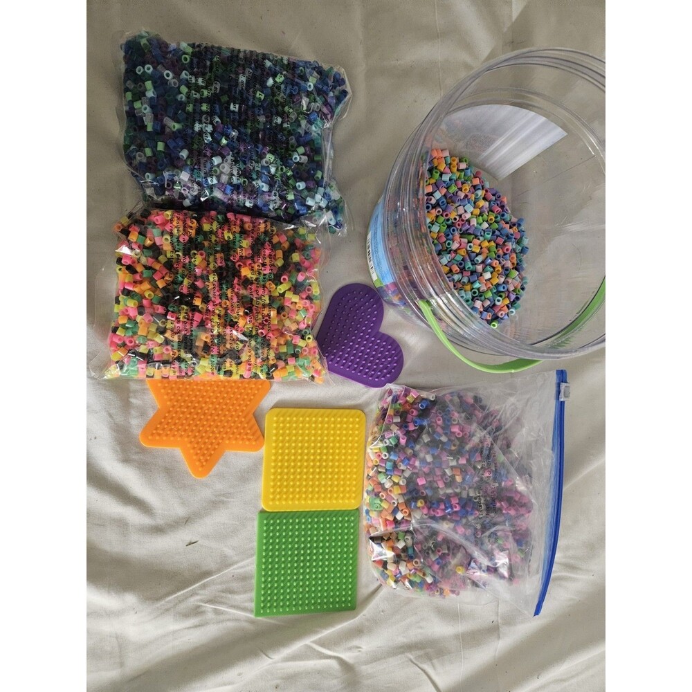 Lot 14,000 Perler Beads With Peg 4 Boards 1.75 lb Beads 2 Unopened Bags With Tub